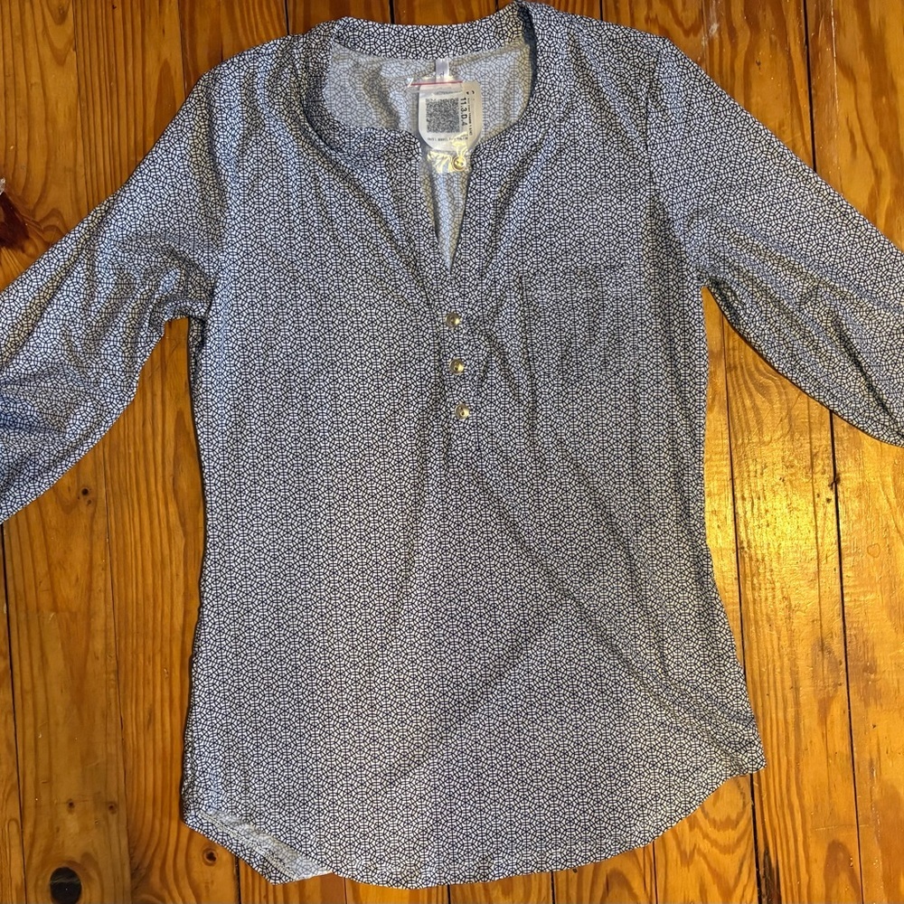 DNA‎ Couture Blue Geometric Button Down Blouse Women's Medium 3/4 Sleeve